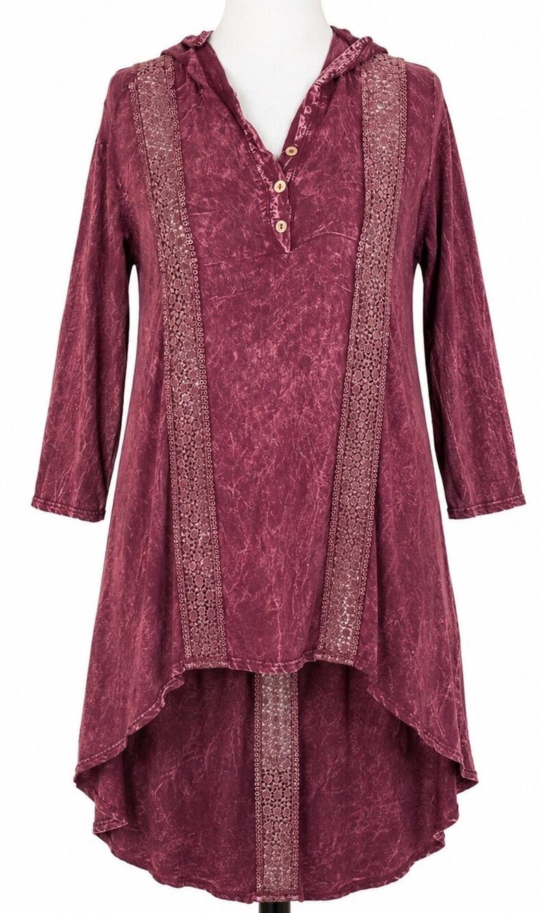 Basil Lola Hooded Mineral Wash Tunic Top Crochet Hi Low Henley Boho Burgundy M